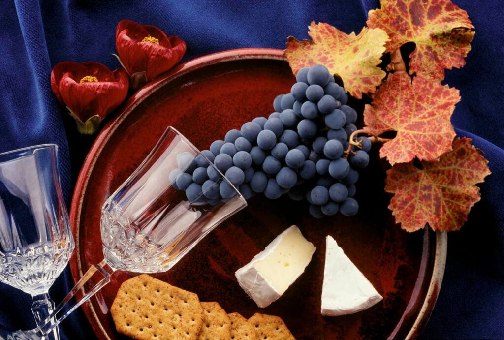 ZINFANDEL GRAPE CLUSTER with CRYSTAL WINE GLASS, BRIE and CRACKERS on BLUE VELVET  - Wine Industry photography by Craig Lovell