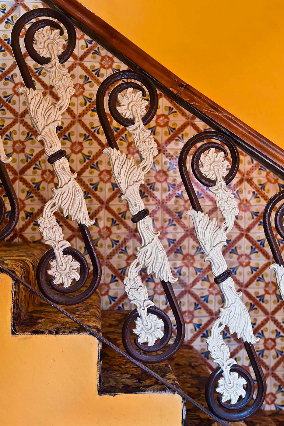 Stairway banister inside the classic HOTEL PASADA DE SANTA FE in GUANAJUATO, MEXICO.  - Architecture photography by Eagle Visions Photography