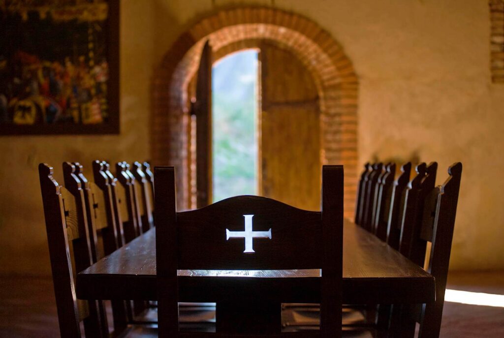 Traditional chairs and table in CASTELLO DI AMAROSA, a WINERY housed by an authentic but recently constructed ITALIAN CASTLE located near CALISTOGA in NAPA VALLEY, CALIFORNIA.   - Architecture photography by Eagle Visions Photography