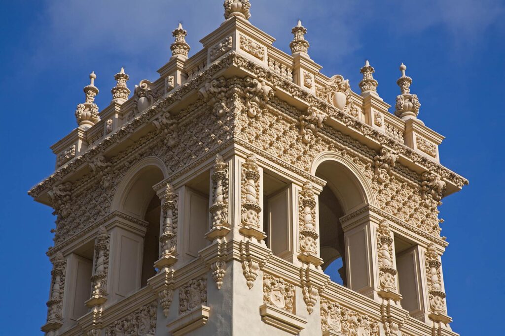 The elaborate tower of the HOUSE OF HOSPITALITY located in BALBOA PARK in SAN DIEGO, CALIFORNIA.  - Architecture photography by Eagle Visions Photography