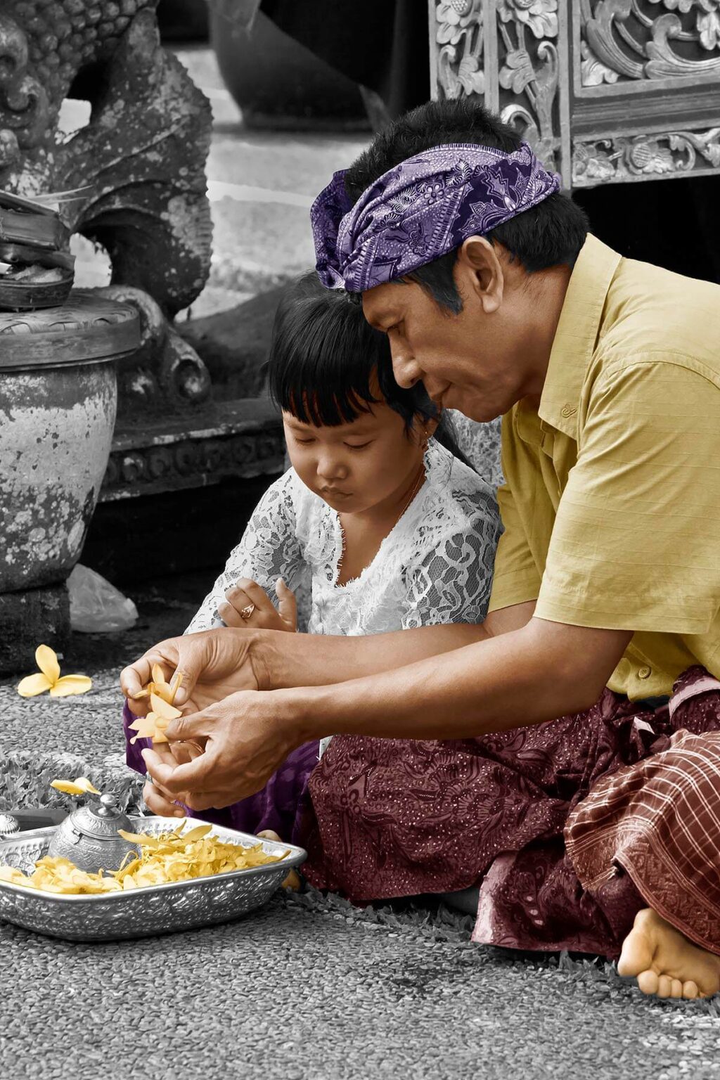 Balinese father makes offerings at the temple - Ubud