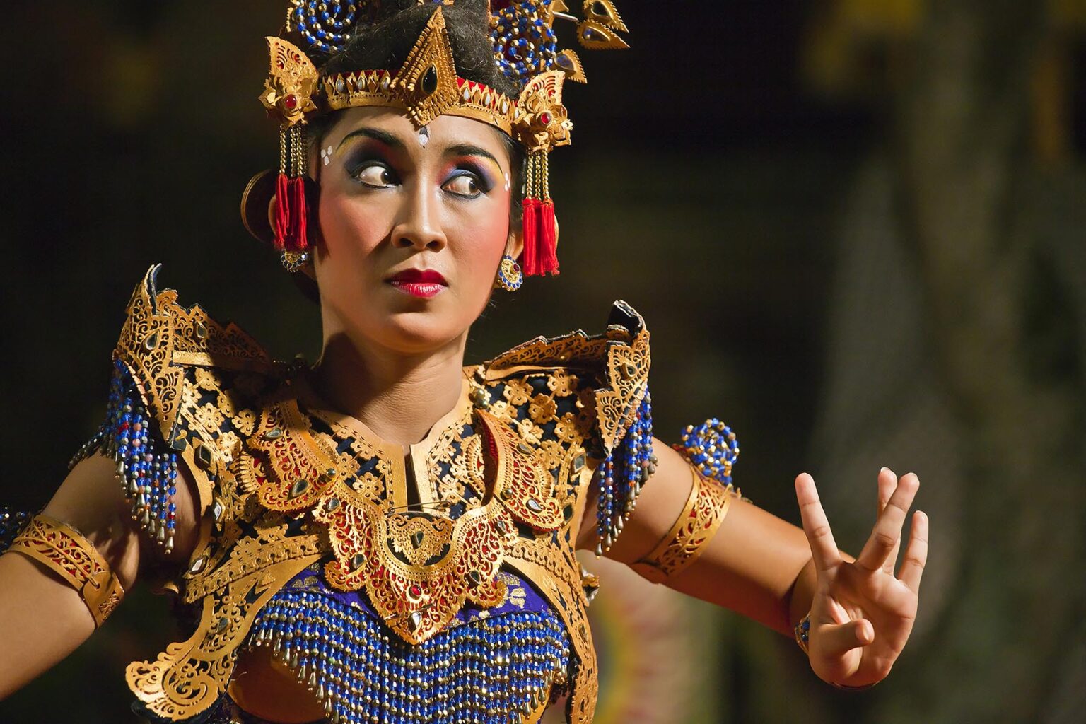 The KEBYAR DUDUK DANCE is performed by the Cenik Wayah Gamelan Dance Group at PURA TAMAN SARASWATI - UBUD, BALI, INDONESIA