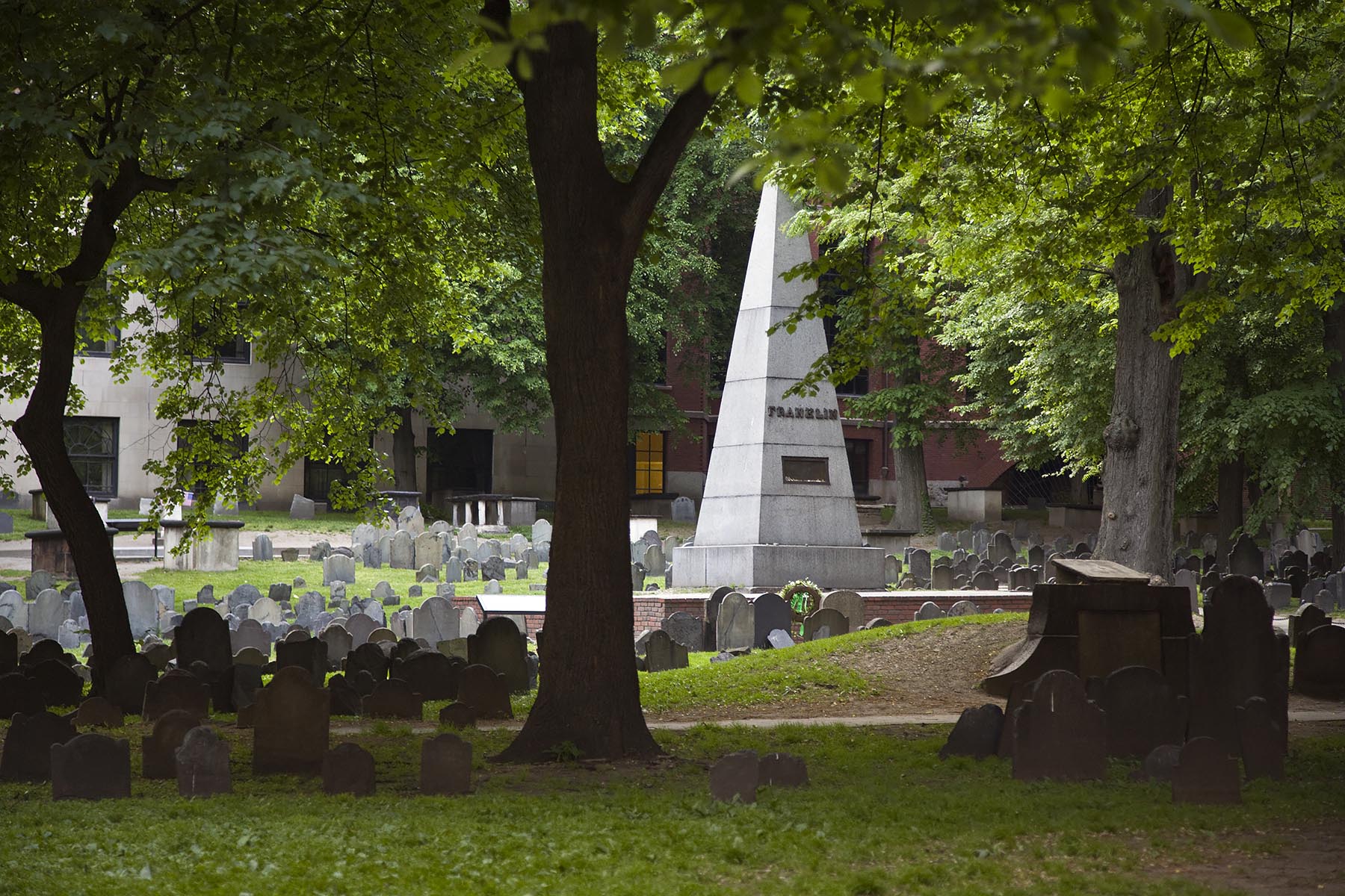 Pyramid shaped memorial to the family of Benjamin Franklin in the GRANARY BURYING GROUND, the third oldest cemetery in the United States - BOSTON, MASSACHUSETTS