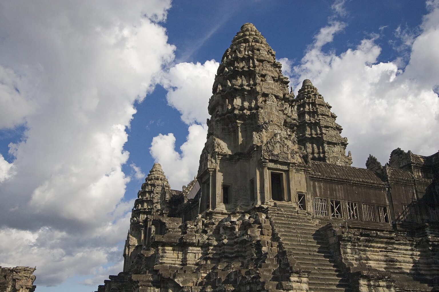 Stone temples representing the five peaks of Mount Meru at Angkor Wat, built in the 11th century by Suryavarman the 2nd, - Cambodia
