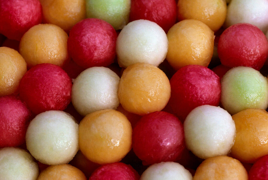 A fruit salad of Watermelon, cantaloupe and honeydew MELON BALLS. Food photography by Craig Lovell