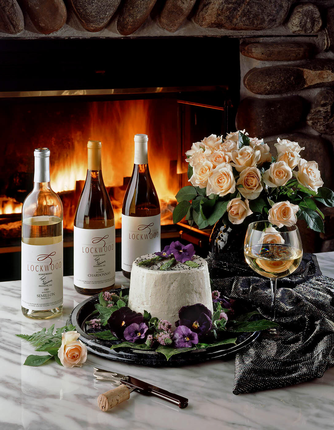 Lockwood wines such as Semillon and Chardonnay pair perfectly with this goat cheese hors d'oeuvres.  Pictured here with a warm fire in a home setting.  Food photography by Craig Lovell