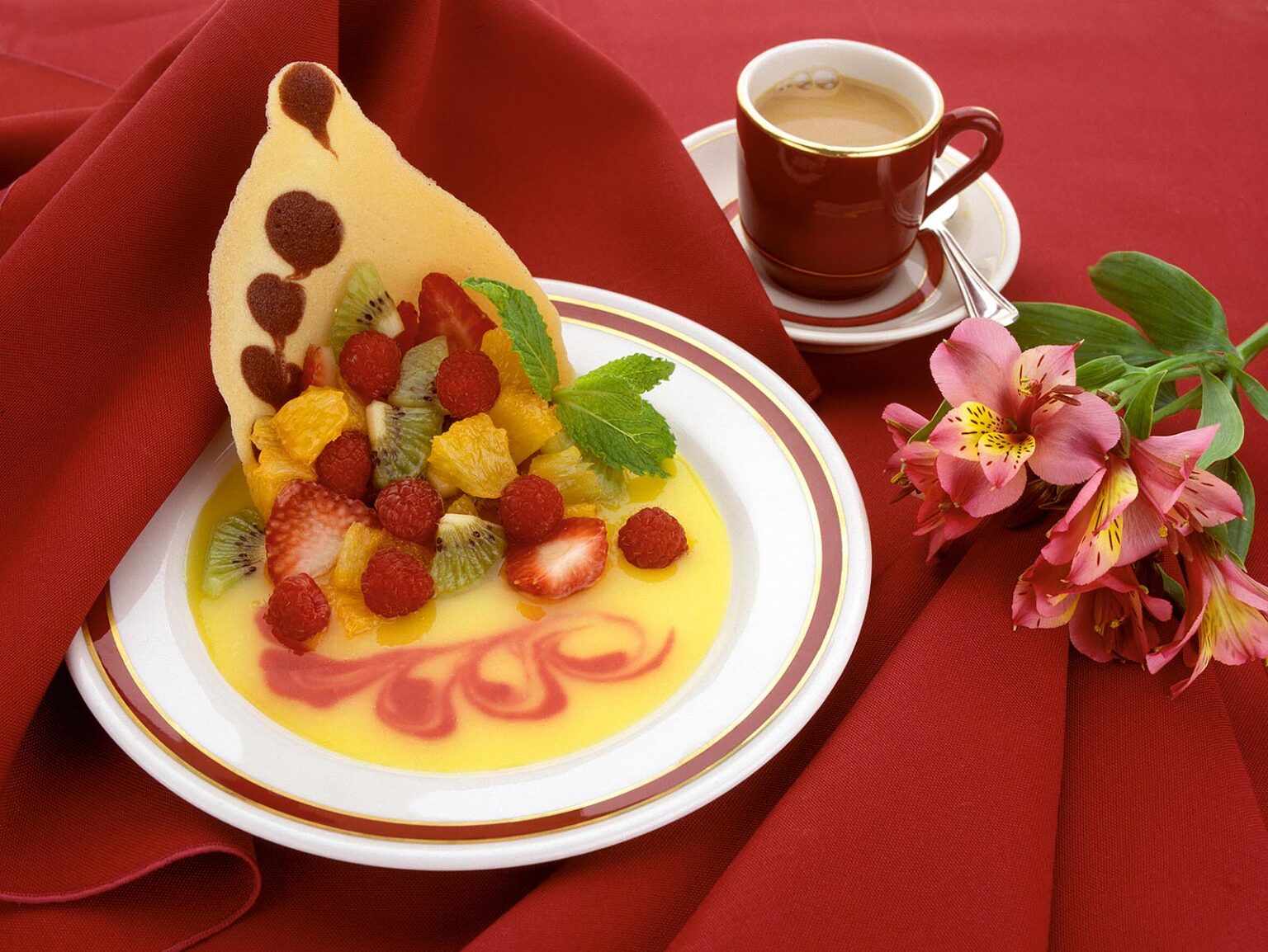 FRUIT DESSERT displayed with COFFEE and flowers