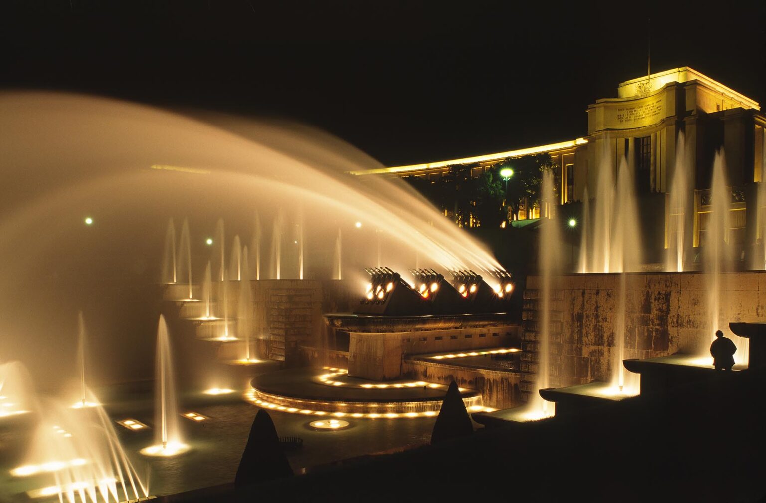 Night shot of the The PALACE OF CHAILLON  Fountains- PARIS, FRANCE