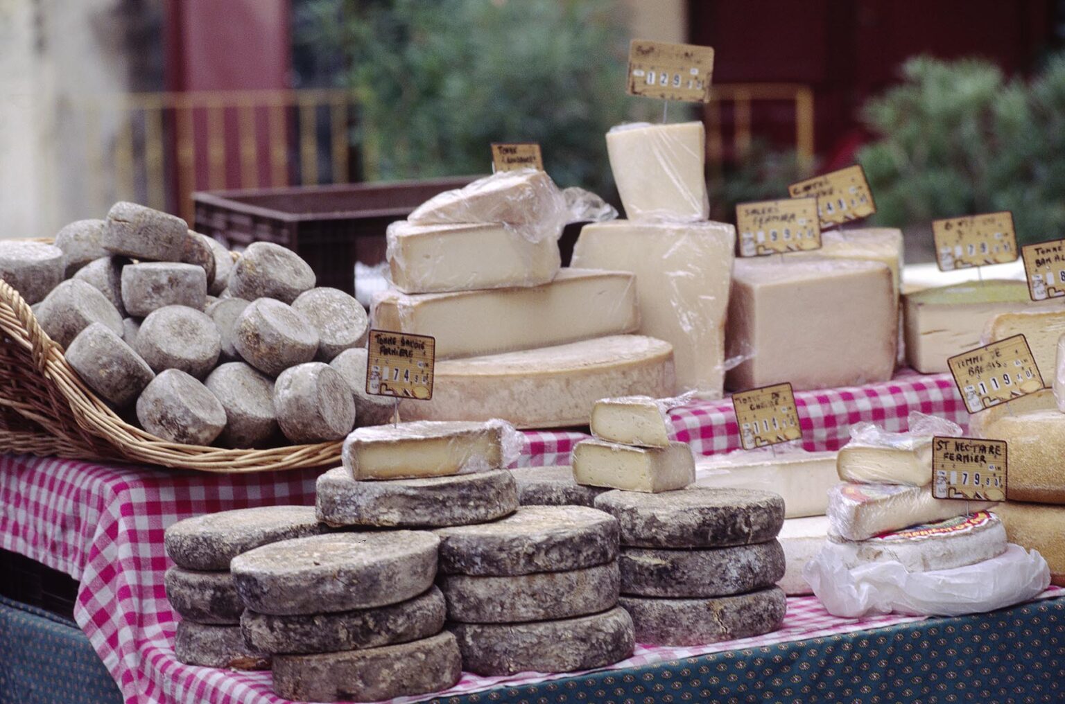 Cheeses for sale on Market Day  in the golden-stone village of GORDES  - PROVENCE, FRANCE