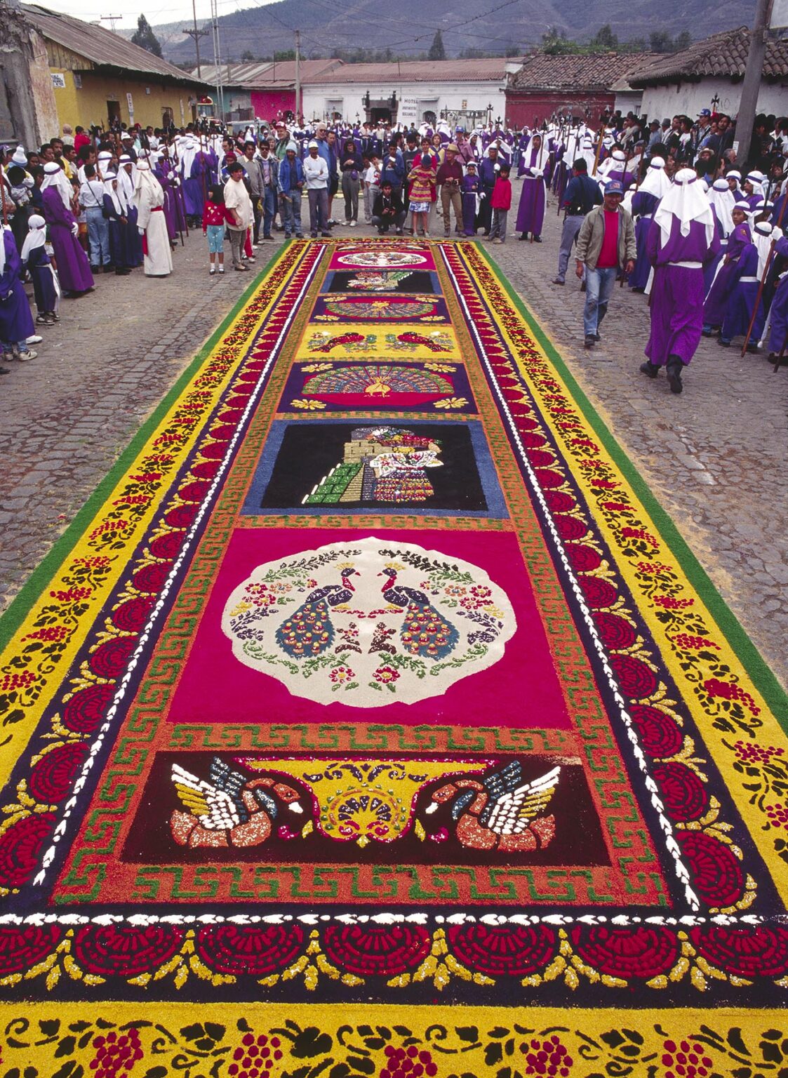 ALFOMBRA (carpet) integrating CATHOLIC and MAYAN symbolism during GOOD FRIDAY procession - ANTIGUA, GUATEMALA