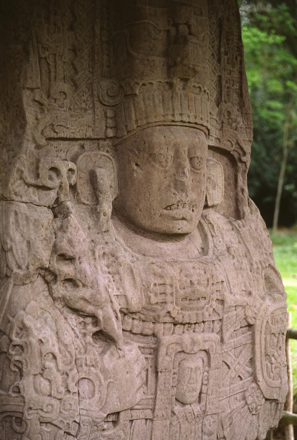 STELA K, dated to 805 AD, depicts the MAYAN ruler CAUAC SKY, who liberated Quirigua from Copan - QUIRIGUA RUINS, GAUTEMALA