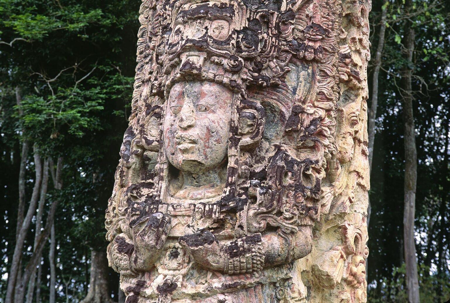 STELA H depicts 18 RABBIT with elaborate headdress (AD 730) - COPAN RUINS, HONDURAS