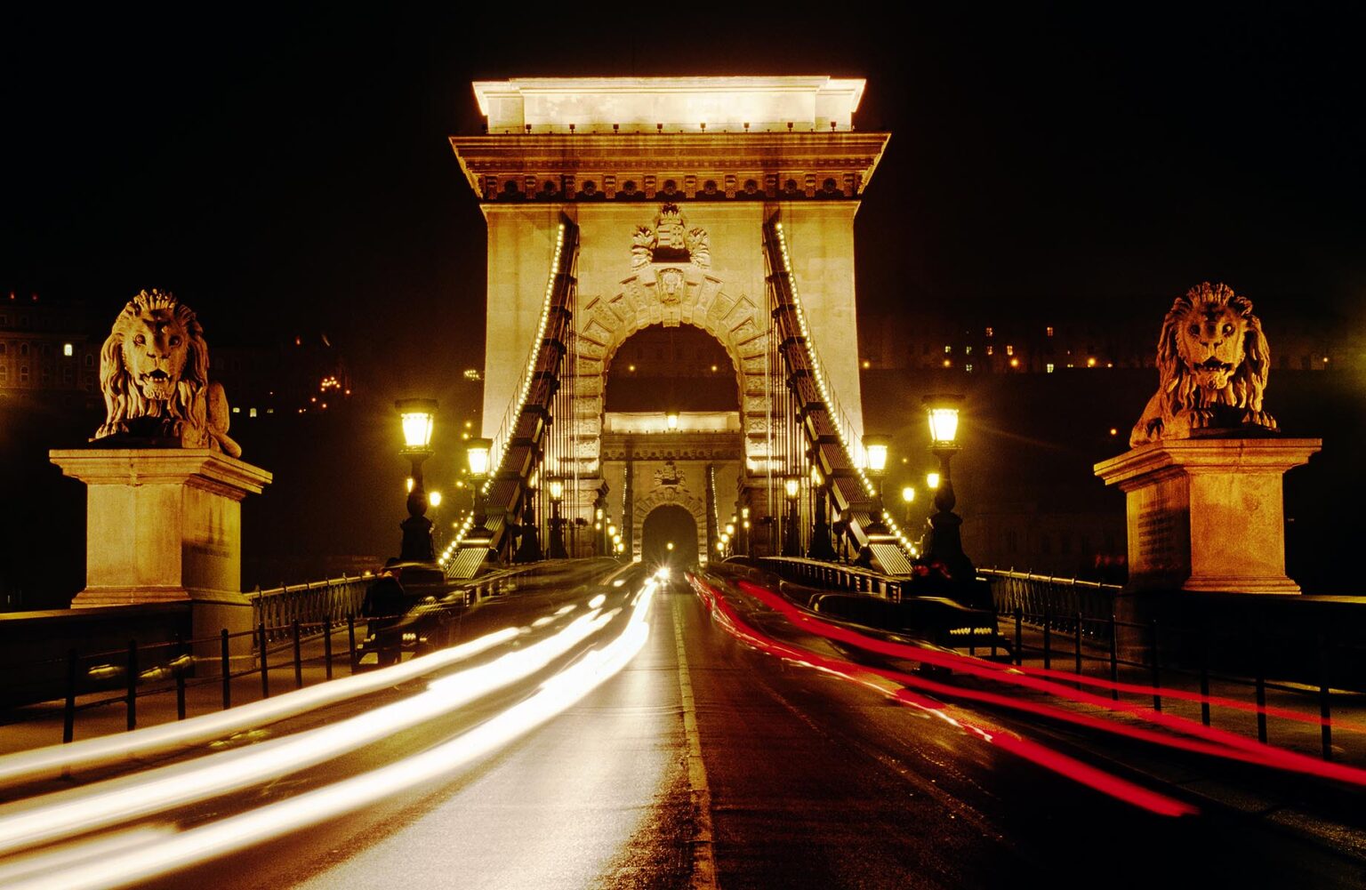 Night shot of the CHAIN BRIDGE completed in 1849 (first bridge to connect Buda to Pest) - BUDAPEST