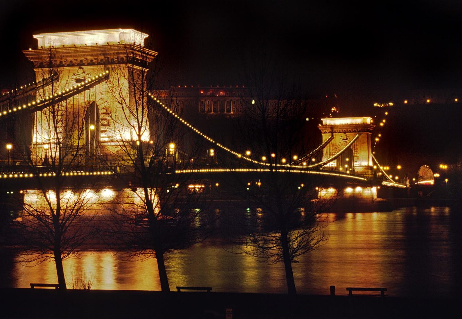 Night shot of the CHAIN BRIDGE completed in 1849 (first bridge to connect Buda to Pest) - BUDAPEST