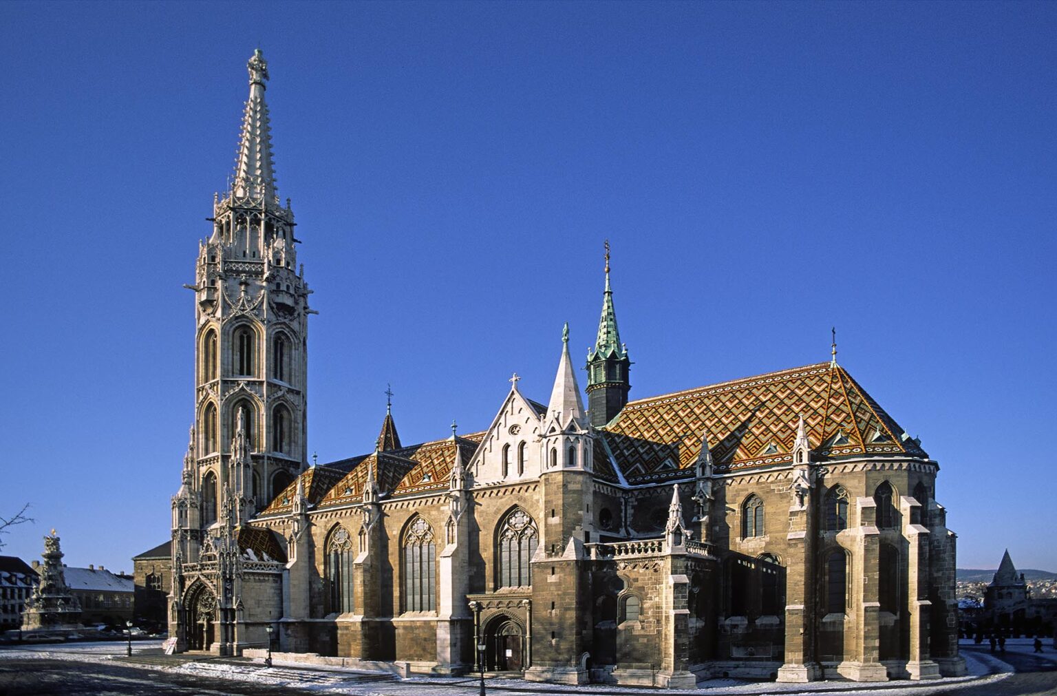 Situated atop CASTLE HILL is MATTHIAS CHURCH rebuilt in 1896 with its colorful tiled roof - BUDAPEST, HUNGARY