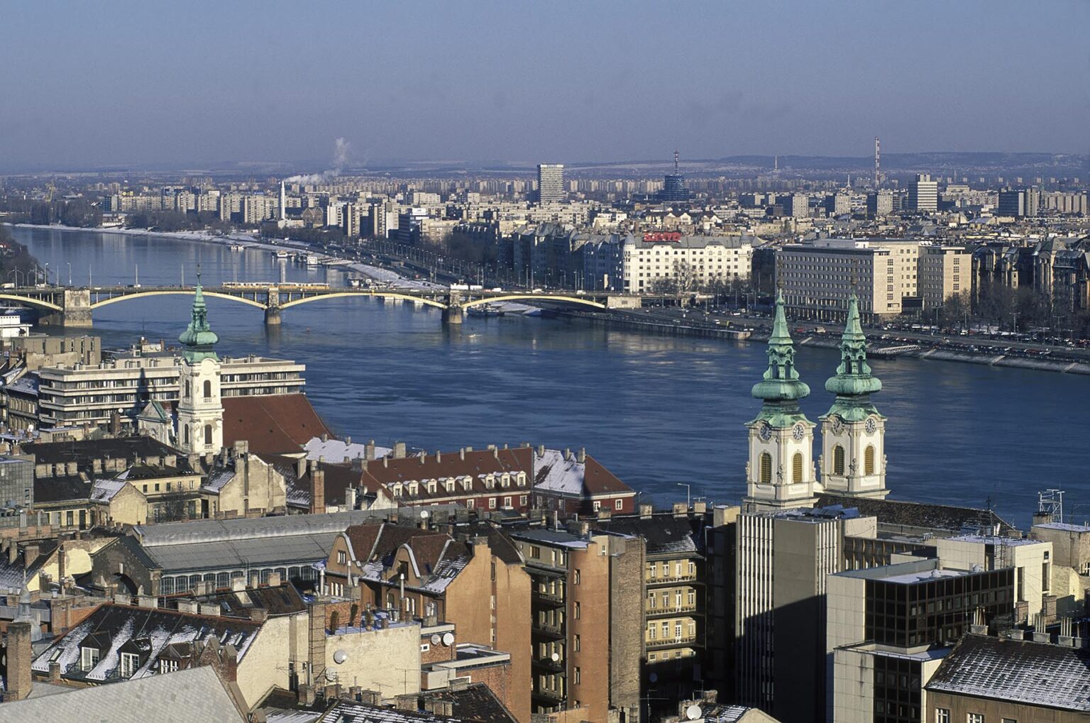 View of PEST looking across the DANUBE RIVER from BUDA - BUDAPEST, HUNGARY