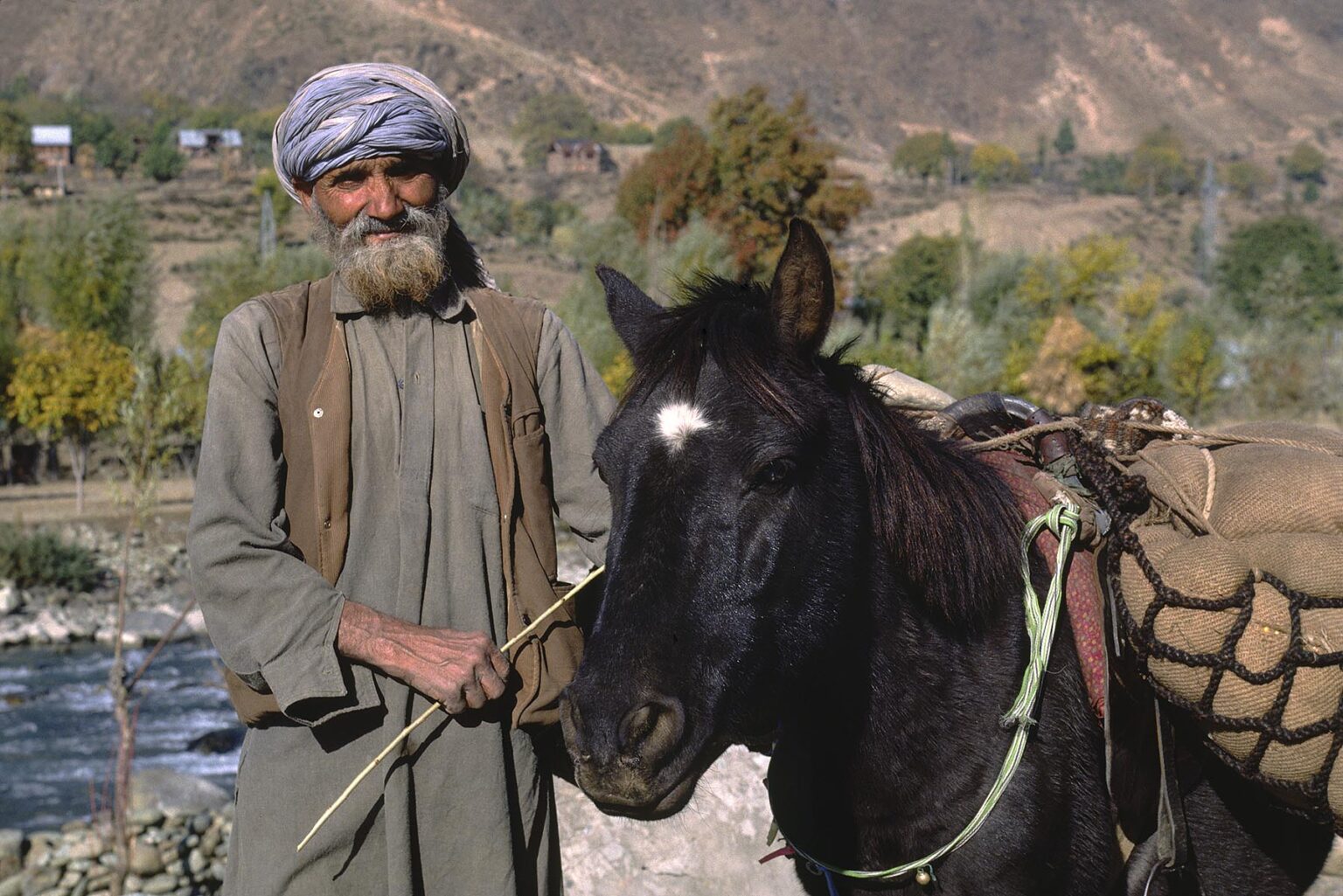 Kashmiri MAN with his HORSE in GULMARG VILLAGE of the HIMALAYAN FOOTHILLS - KASHMIR, INDIA