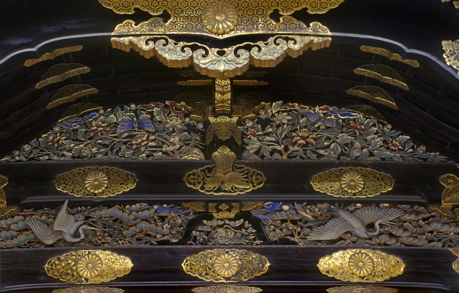 Elaborately carved transom of main gate of NIJO CASTLE (built in 1603 by HIDEYOSHI) - KYOTO, JAPAN