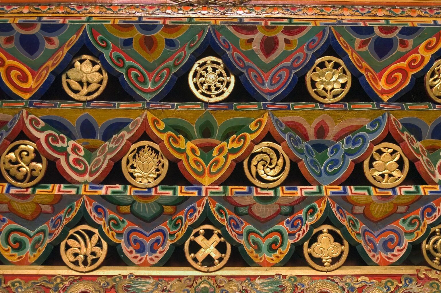 Ceiling detail with Buddhist lucky symbols inside Tagong (Lhagong) Monastery - Kham (E. Tibet), Sichuan Province, China