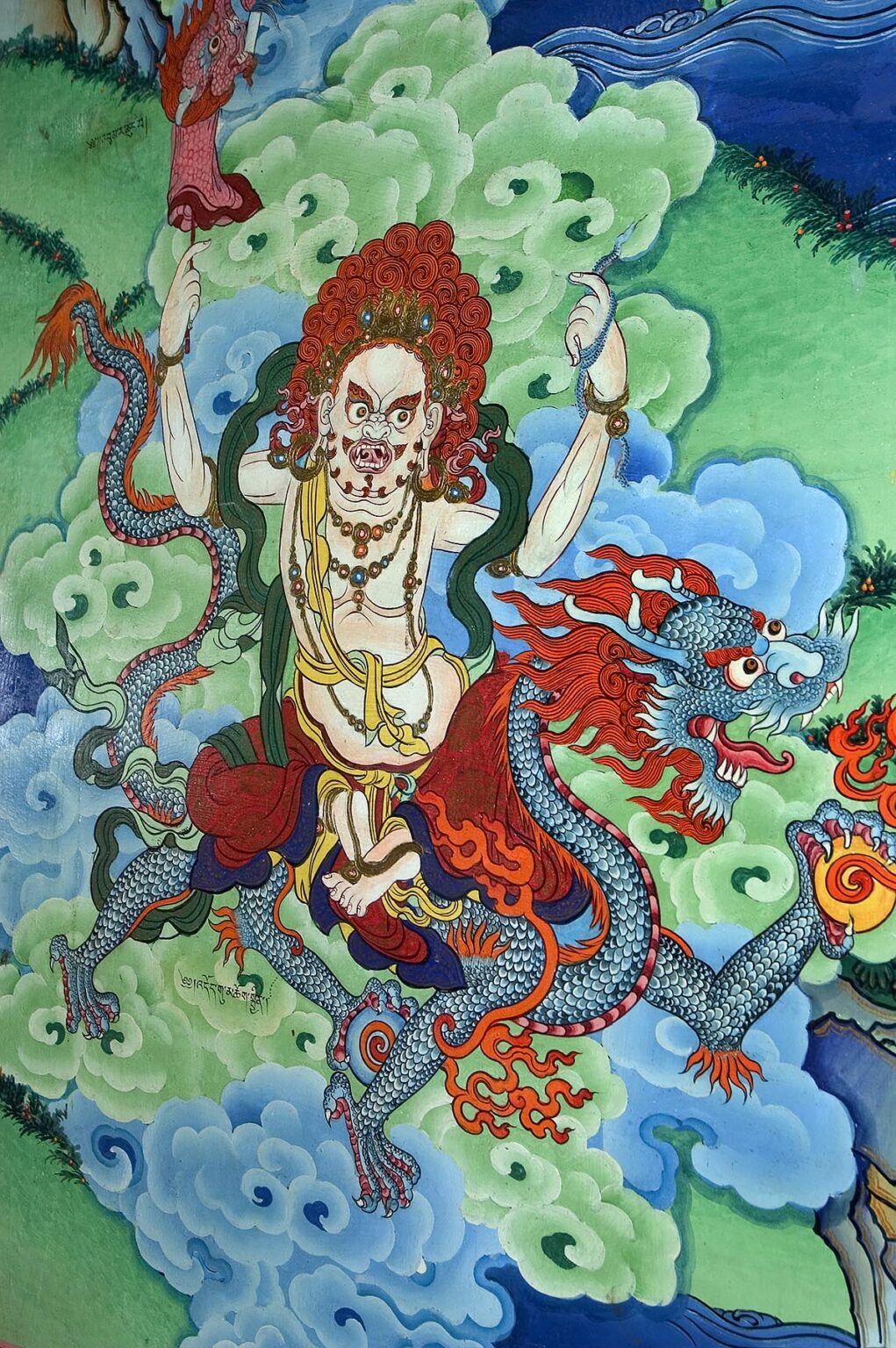 Mural of dragon riding protector at the entrance to the Litang Chode Monastery, Kham - Sichuan Province, China, (Tibet)