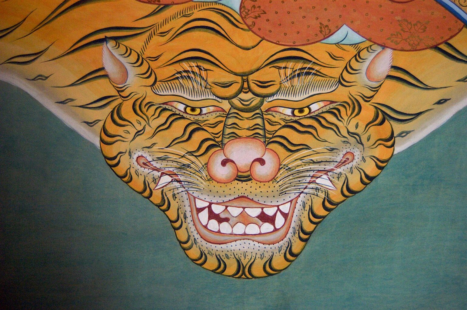 Tiger mural in a Tibetan Buddhist Gompa on the Dab-chu river in Dabpa County, Kham - Sichuan Province, China, (Tibet)