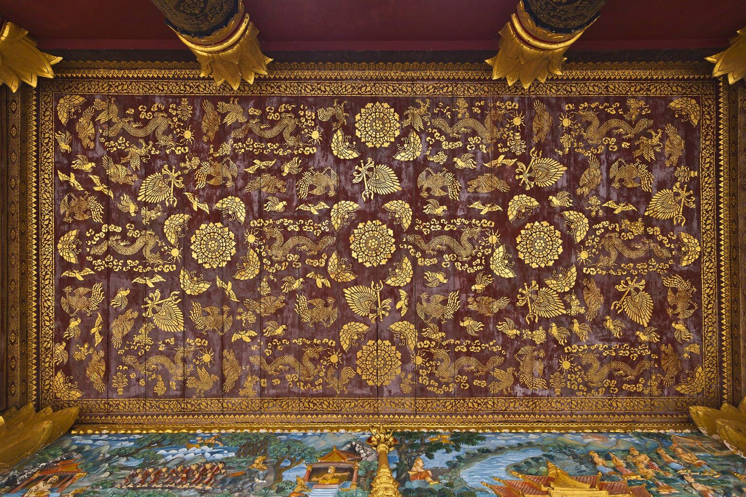 Stenciled DRAGON & PHOENIX ceiling designs on a BUDDHIST TEMPLE - LUANG PRABANG, LAOS