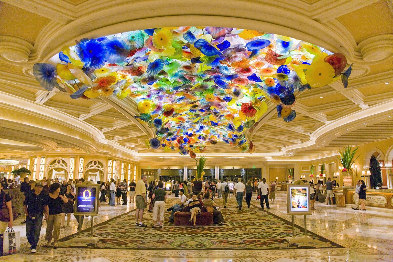Glass flowers created by the artists DALE CHIHULY is installed in the ceiling of the BELLAGIO HOTEL AND CASINO - LAS VEGAS, NEVADA