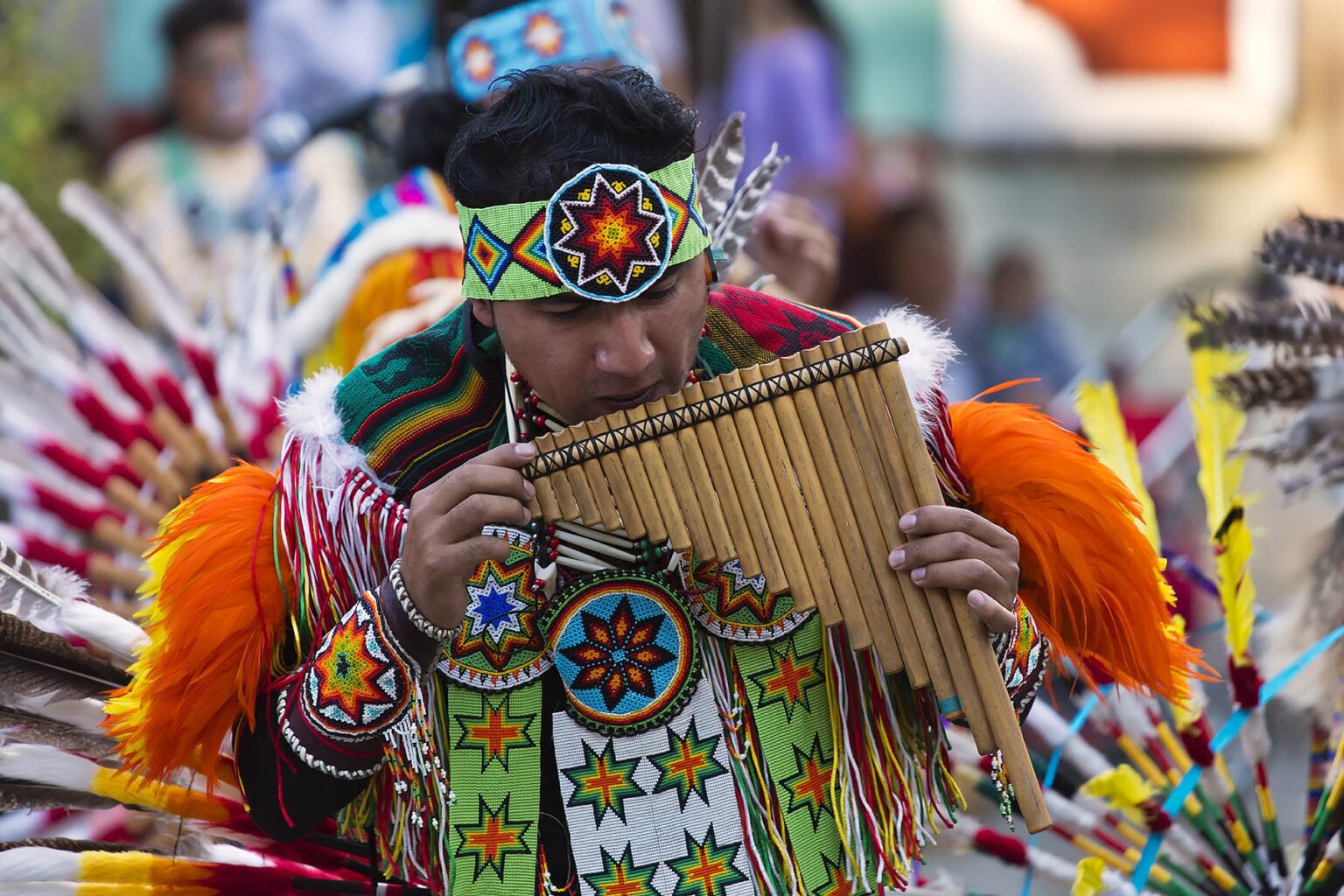 The Ecuadorian group INTI RUNAS plays pan flute and dances in traditional Indigenous attire - GUANAJUATO, MEXICO