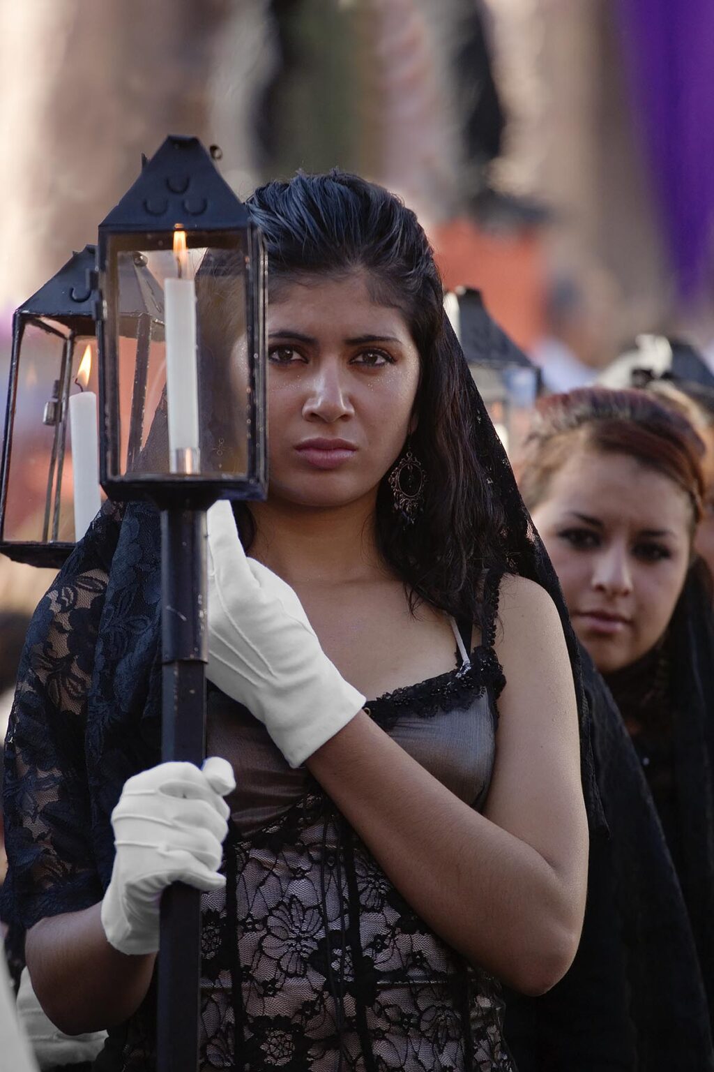 MEXICAN WOMAN in MANTILLA with lantern during the EASTER PROCESSION - SAN MIGUEL DE ALLENDE, MEXICO