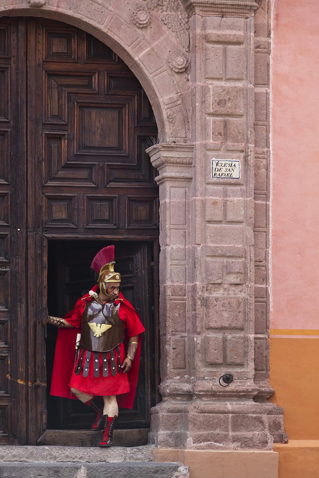 A ROMAN SOLDIER inside the SAN RAFAEL chapel will walk in the Good Friday Procession Santo Encuentro - SAN MIGUEL DE ALLENDE, MEXICO