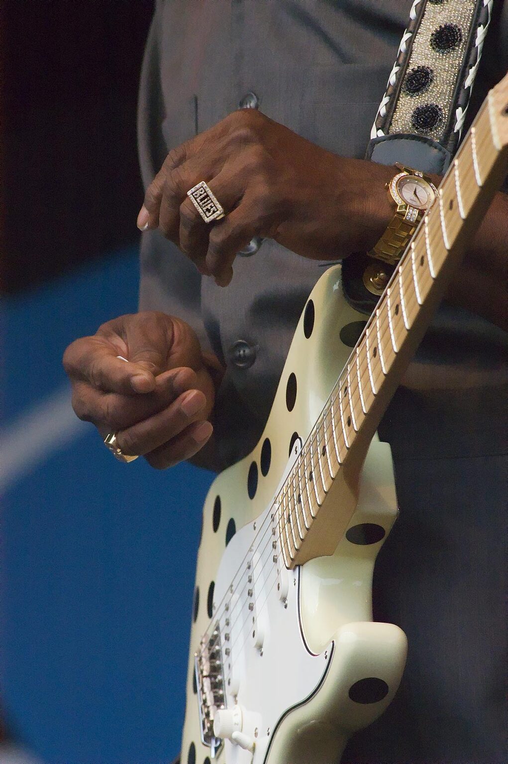 The hands of Buddy Guy, his blues ring and guitar and sings at the MONTEREY JAZZ FESTIVAL - CALIFORNIA