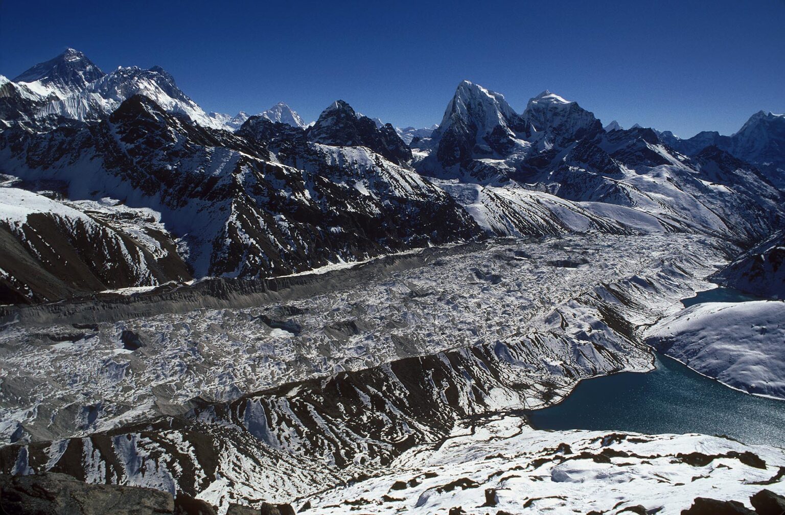 View of Lungsampo Glacier with Everest (L), Cholatse (M) and Kang Taiga (far R) - Photographed from Gokyo Ri - Khumbu, Nepal