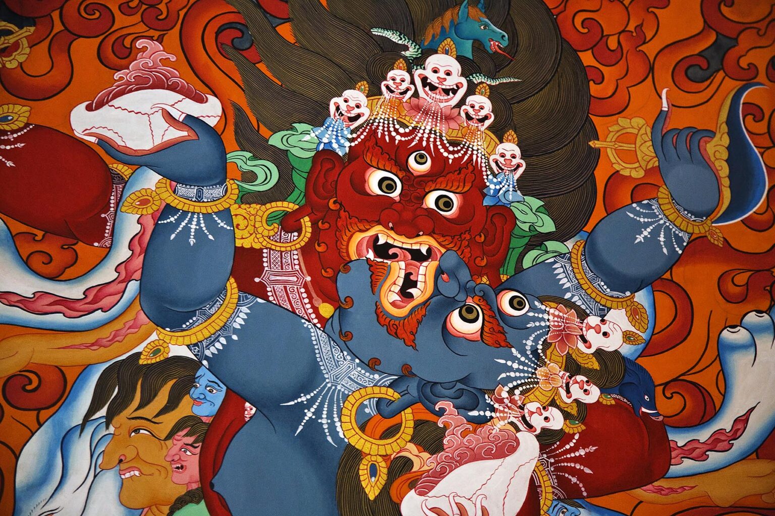 TIBETAN BUDDHIST MURAL of a TANTRIC WRATHFUL DIETY in YABYUM in the TEMPLE at NAWAL (NGAWAL) on the AROUND ANNAPURNA TREK - ANNAPURNA CONSERVATION AREA, NEPAL