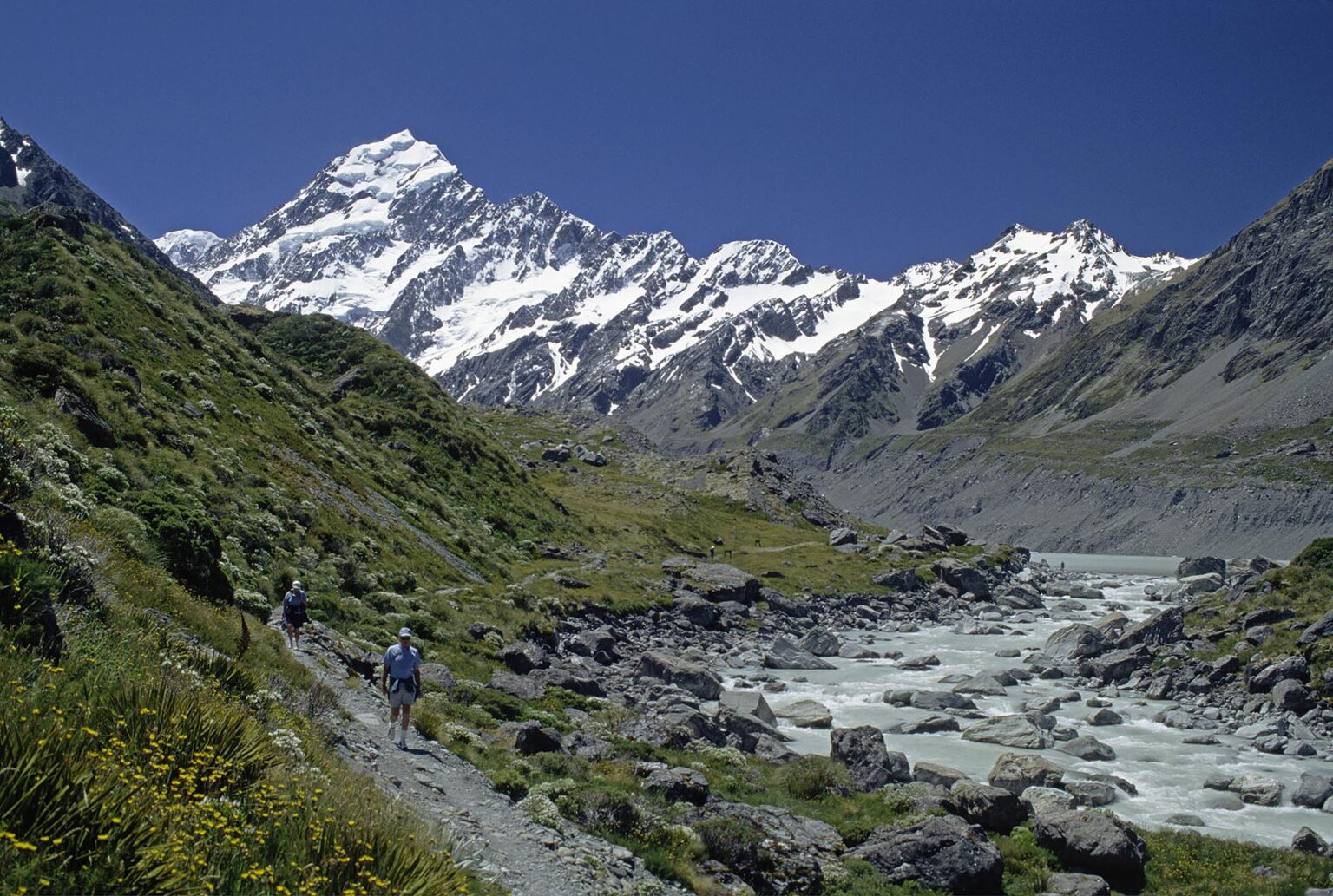 MT COOK, New Zealand's highest peak at 12,246 feet, rises majestically above the HOOKER VALLEY - MT COOK NATIONAL PARK, SOUTH ISLAND NEW ZEALAND