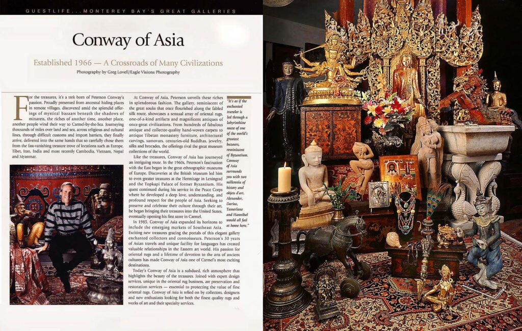 An ad for Peterson Conway's Conway of Asia store for Guest Life Magazine displaying Asia sculptures and artifacts. Product photography by Craig Lovell