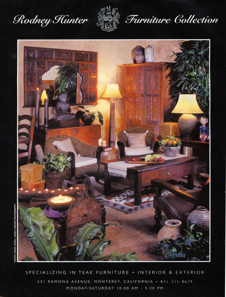 An advertisement for the Rodney Hunter Furniture Collection taken at his Monterey showroom. Product photography by Craig Lovell