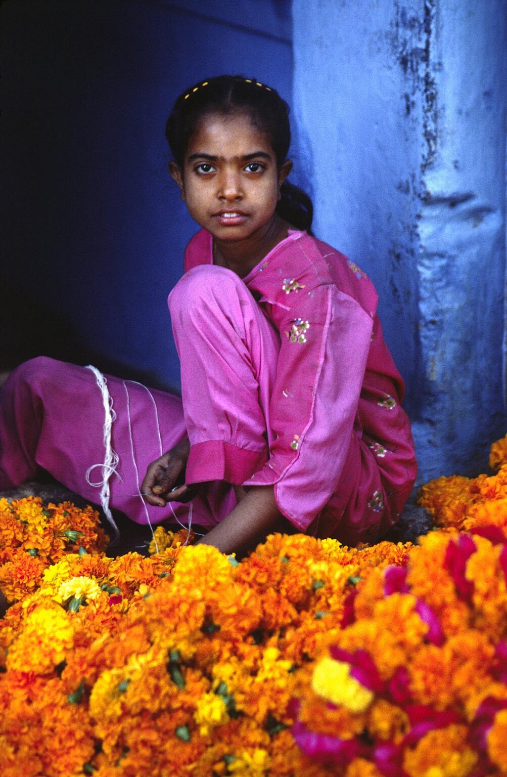 RAJASTHANI GIRL sits in front of a pile of orange CARNATION FLOWERS - RAJASTHAN, INDIA