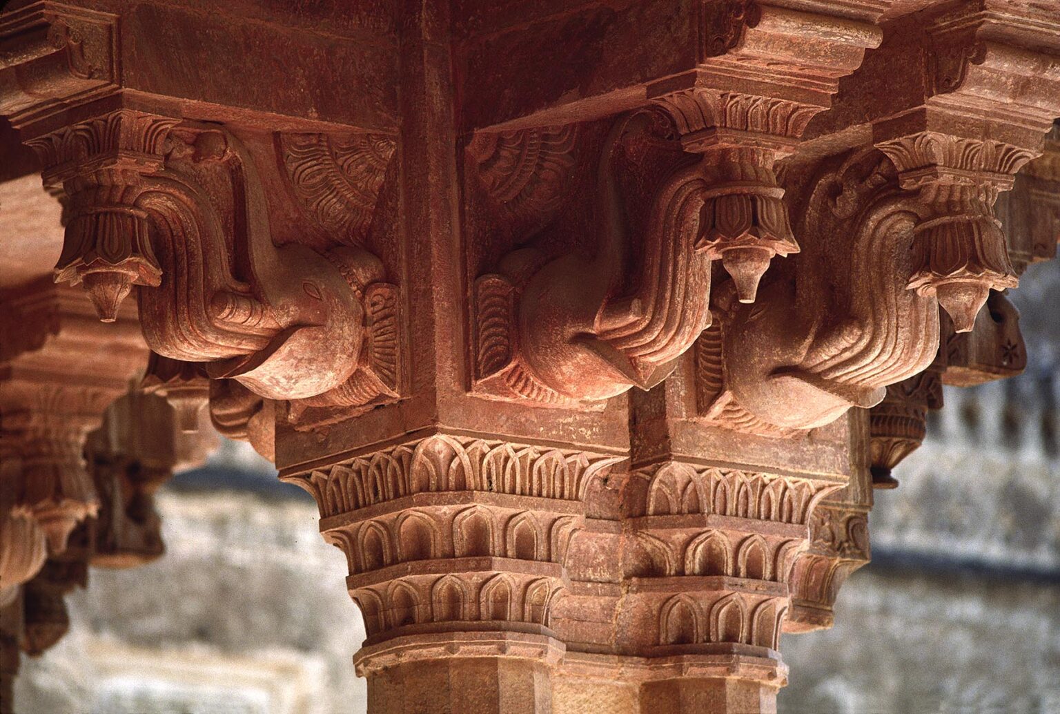 Detail of STONE CARVED ELEPHANTS at the head of a COLUMN at the AMBER FORT near JAIPUR - RAJASTHAN, INDIA
