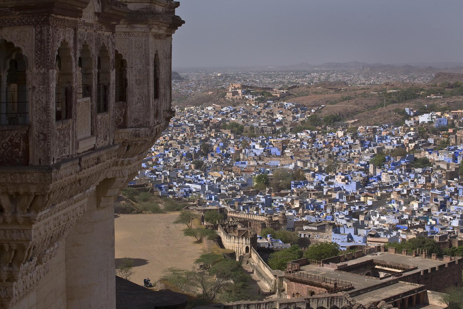 The MEHERANGARH FORT built by Maharaja Man Singh in 1806 with the BLUE CITY of JOHDPUR below - RAJASTHAN, INDIA
