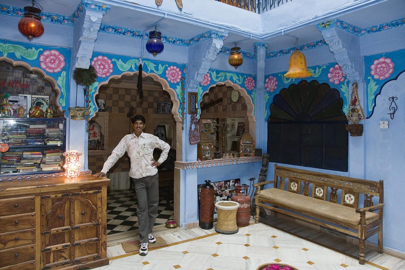 The lobby of YOGI'S GUEST HOUSE which is a popular place to stay and listed in the Lonely Planet Guide to India - JOHDPUR, RAJASTHAN, INDIA