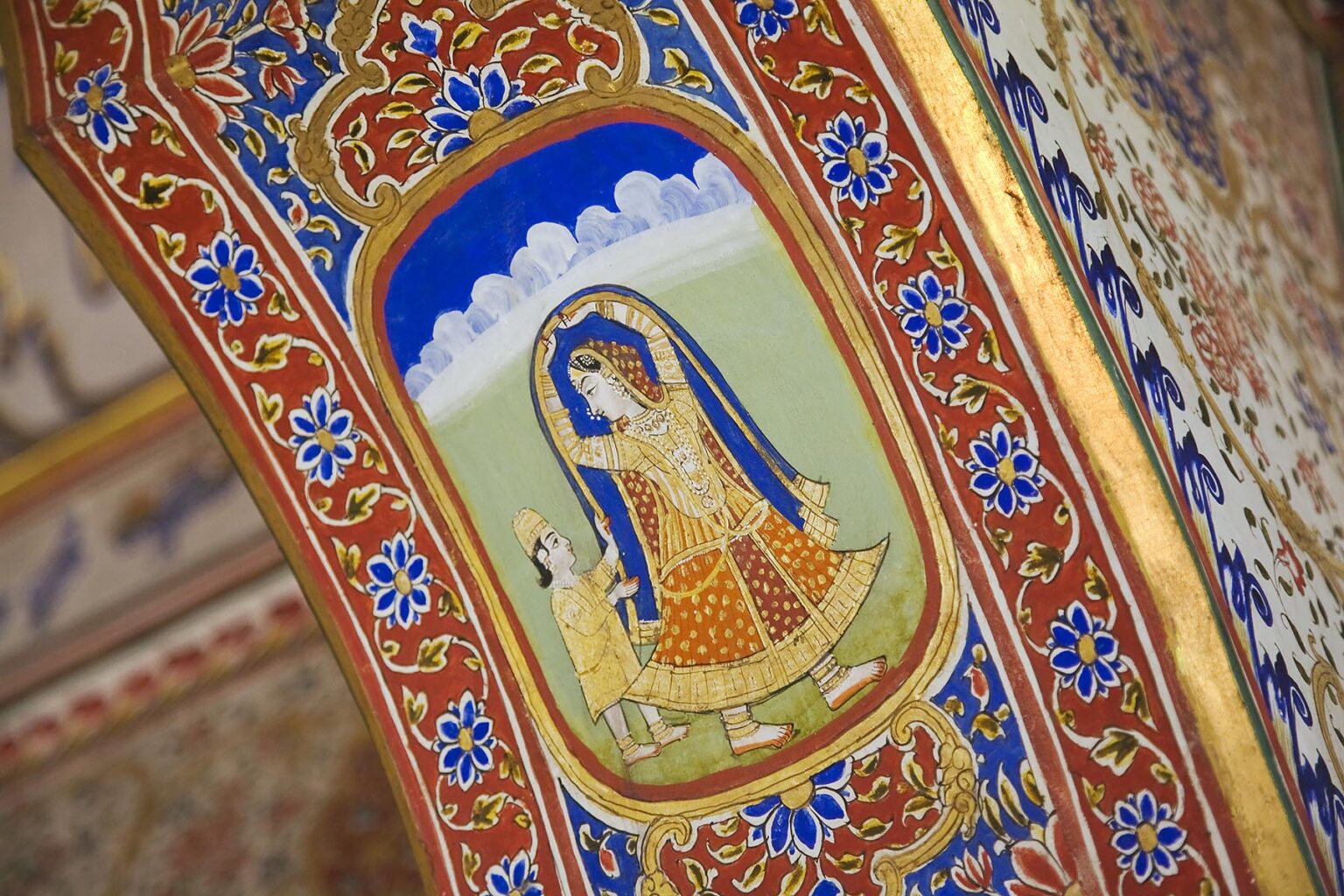Hand Painted ARCHWAY of Rajasthani Princess in the AKHEY VILLA inside the MAHARAJA'S PALACE located in JAISALMER FORT - RAJASTHAN, INDIA