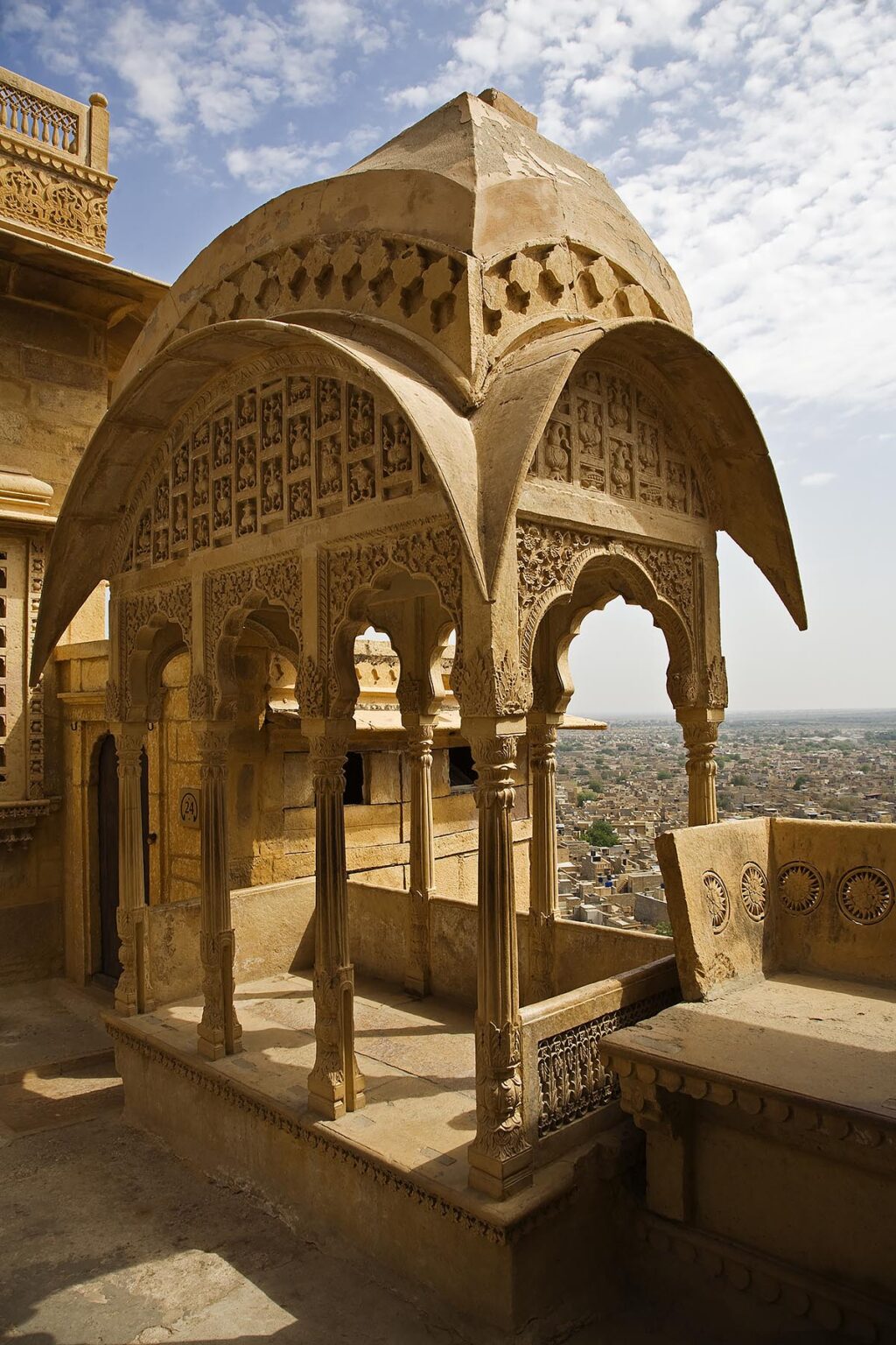 Intricately carved sandstone rooftop sitting platform in  the MAHARAJA'S PALACE located inside JAISALMER FORT - RAJASTHAN, INDIA