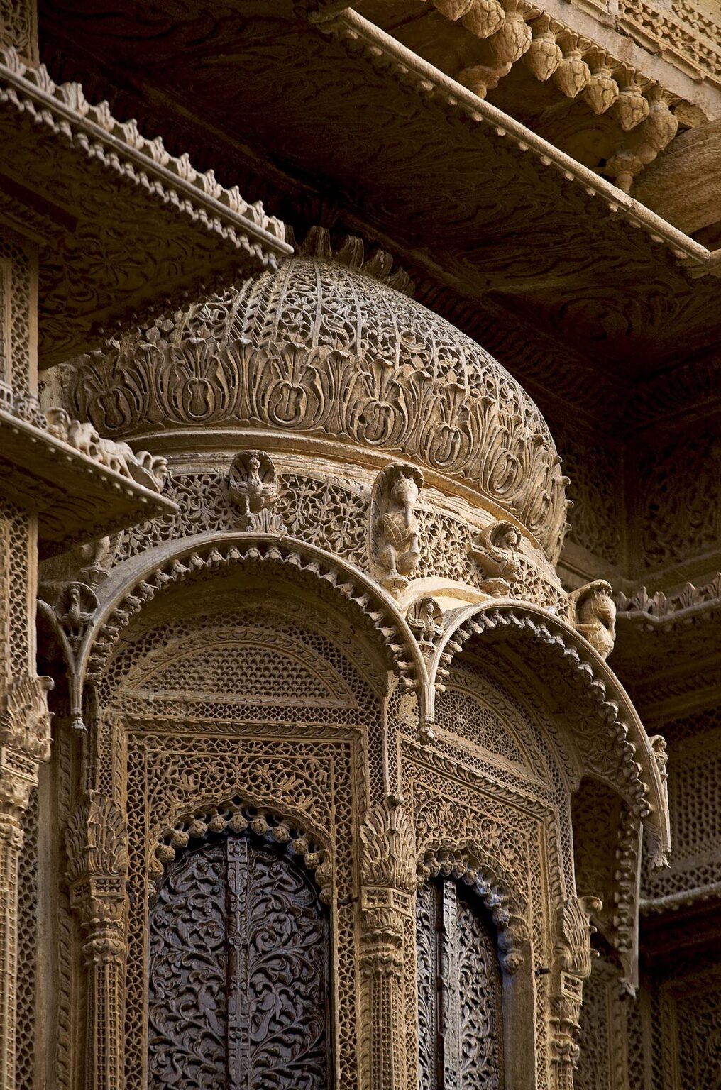 A hand carved SANDSTONE BAY WINDOW of the Mayors beautiful HAVELI or home in JAISALMER - RAJASTHAN, INDIA