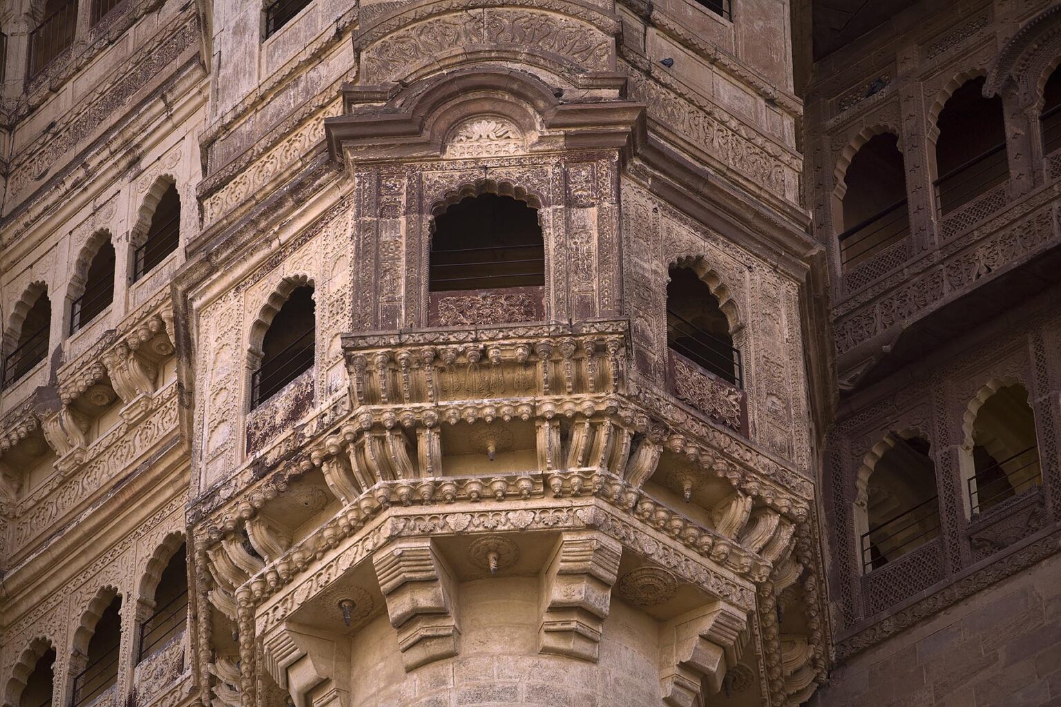 Stone carved  windows are an example of Rajput architecture at MEHERANGARH FORT in JOHDPUR - RAJASTHAN, INDIA