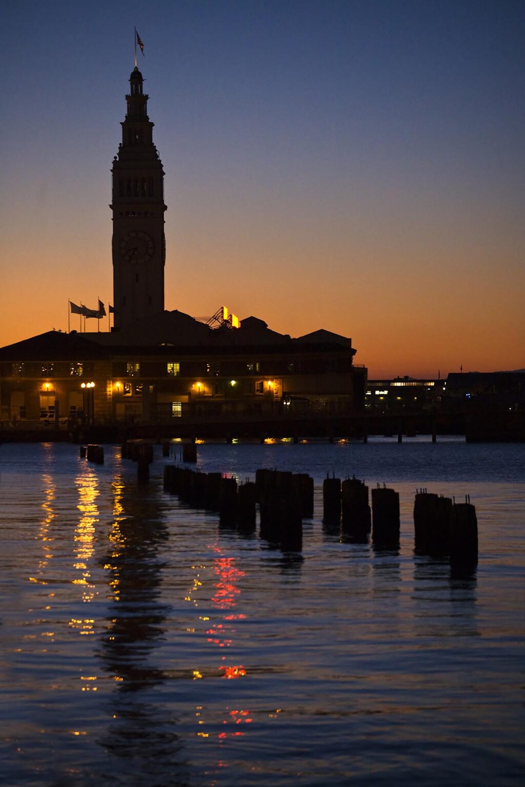 The FERRY BUILDING MARKETPLACE at sunset along THE EMBARCADERO - SAN FRANCISCO, CALIFORNIA
