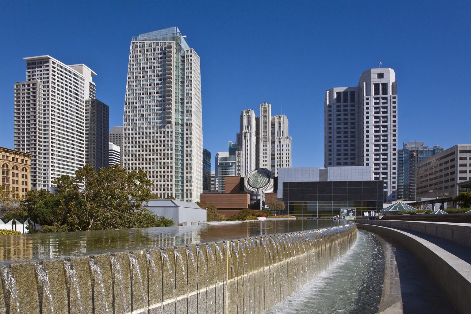 MARTIN LUTHER KING MEMORIAL WATER FOUNTAIN and the San Francisco Modern Art Museum from the YERBA BUENA CENTER - SAN FRANCISCO, CALIFORNIA