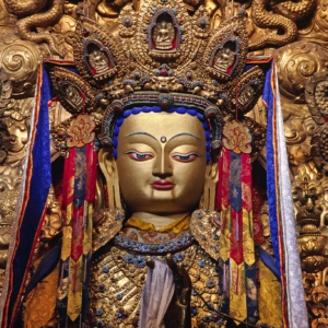 Large MAITREYA STATUE in the main hall of the JOKHANG, TIBET'S holiest temple, built by KING SONGTSEN GAMPO - LHASA, TIBET