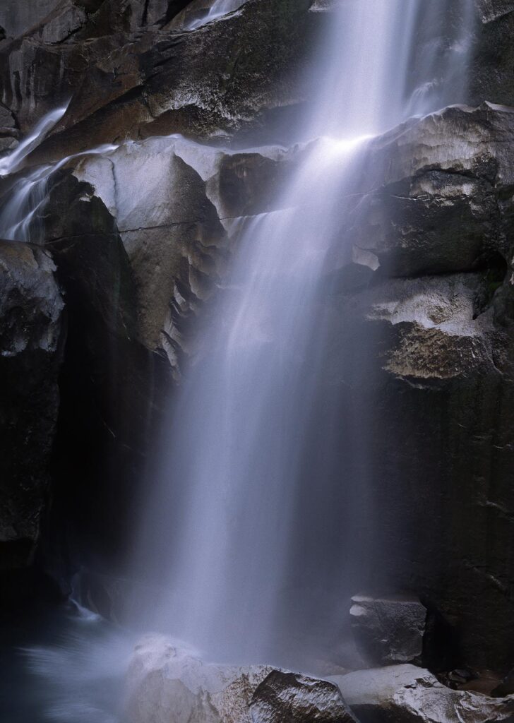 Detail of NEVADA FALLS which drops 600 feet as the MERCED RIVER heads towards the YOSEMITE VALLEY