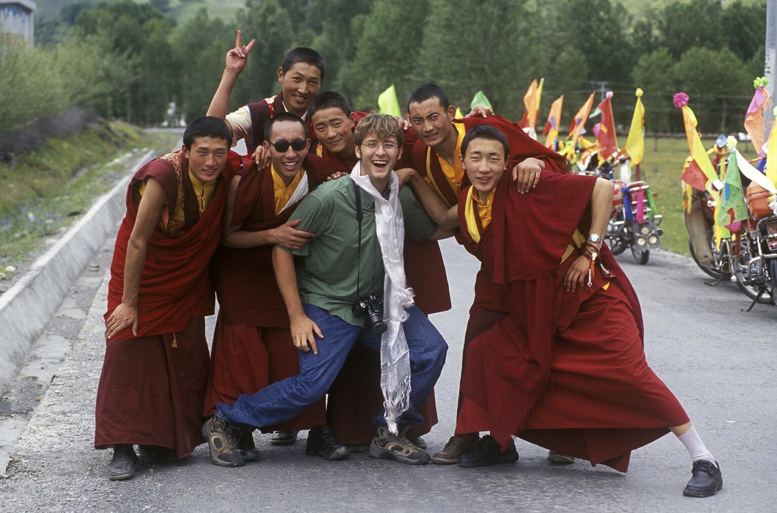 Tibetan Buddhist monks with Bodhi Garrett in the Zi-chu Valley - Kham, (Eastern Tibet), Sichuan Province, China
