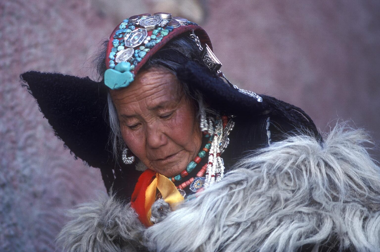 LADAKHI WOMAN showing familial wealth via her PERAK, traditional head piece of silver, coral and TURQUOISE - LADAKH, INDIA